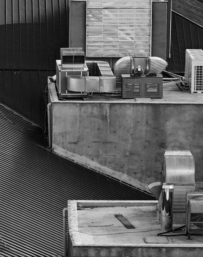 Black and white view of rooftop air conditioning units and structures in Istanbul.